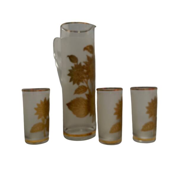 Vintage Rare Gold Sunflower Raised Frosted Pitcher and 3 Glass Set - Picture 3 of 3